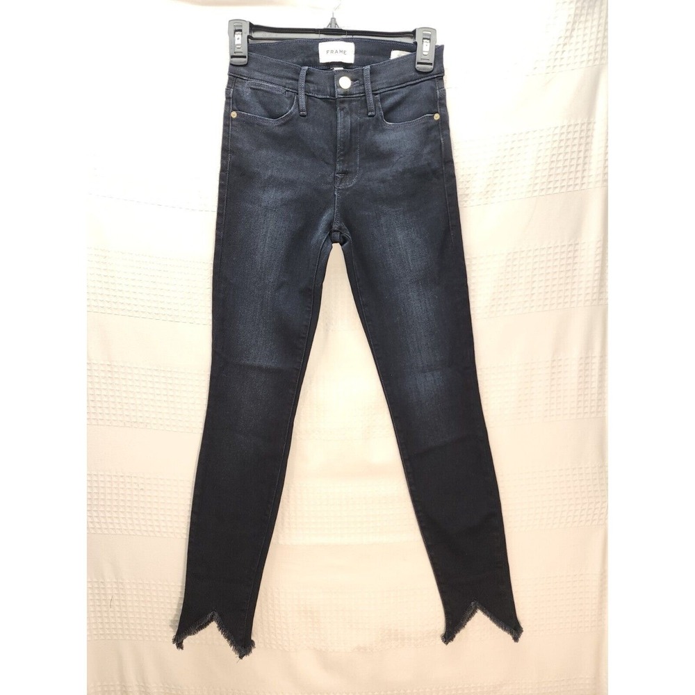 FRAME Le High Skinny Jeans Womens 25 Asymmetric Raw Hem Distressed Blue 5100